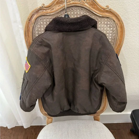 Boy’s Brown Bomber Jacket with Patches Aviator 6-8 - Picture 4 of 6